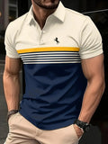Camisa Polo Minimalista Masculina de Verão com Listras Horizontais, Gola Lapela, Estilo Empresarial, para Atividades ao Ar Livre, Solta e Confortável.