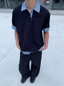 Camisa Polo Estilo Americano Retrô de Manga Curta para Homens, Camiseta de Verão com Gola Reversível e Estampa Xadrez, Efeito de Duas Peças
