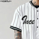Incerun topos estilo americano moda masculina listrado impresso contraste emenda camisa casual personalidade venda quente blusa de manga curta