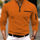 Nova camisa POLO listrada de manga comprida masculina com gola com zíper, estilo retrô, esportes, ao ar livre, lazer, confortável e leve