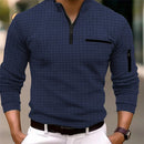 Nova camisa POLO listrada de manga comprida masculina com gola com zíper, estilo retrô, esportes, ao ar livre, lazer, confortável e leve