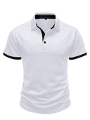 Camisa Polo Masculina Casual Esportiva em Jacquard com Bloco de Cores e Manga Curta com Botões
