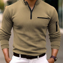 Nova camisa POLO listrada de manga comprida masculina com gola com zíper, estilo retrô, esportes, ao ar livre, lazer, confortável e leve