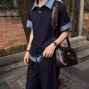 Camisa Polo Azul de Manga Curta com Design em Patchwork Estilo Casual para Homens e Mulheres em Tecido de Poliéster Respirável Moda de Verão