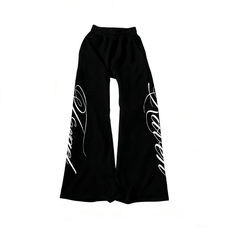 Calça de perna larga reta com estampa de letras brancas nova cintura baixa casu