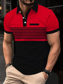 Camisa Polo Minimalista Masculina de Verão com Listras Horizontais, Gola Lapela, Estilo Empresarial, para Atividades ao Ar Livre, Solta e Confortável.