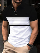 Camisa Polo Minimalista Masculina de Verão com Listras Horizontais, Gola Lapela, Estilo Empresarial, para Atividades ao Ar Livre, Solta e Confortável.