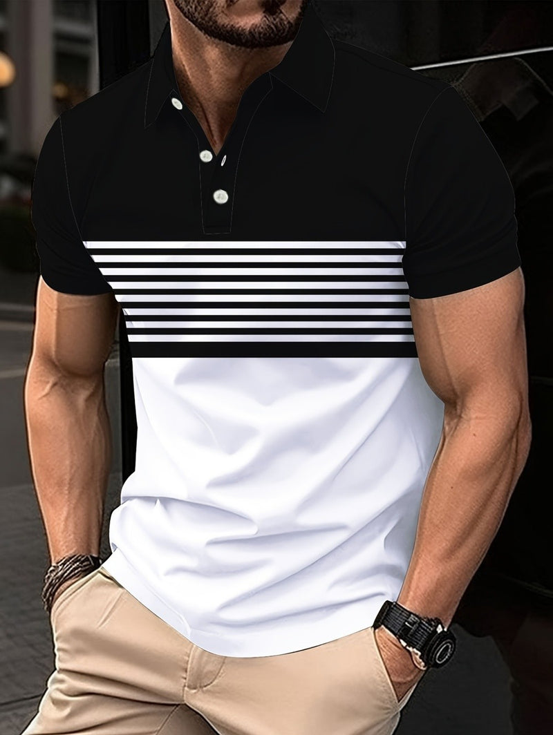 Camisa Polo Minimalista Masculina de Verão com Listras Horizontais, Gola Lapela, Estilo Empresarial, para Atividades ao Ar Livre, Solta e Confortável.
