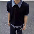 Camisa Polo Azul de Manga Curta com Design em Patchwork Estilo Casual para Homens e Mulheres em Tecido de Poliéster Respirável Moda de Verão