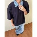 Camisa Polo Estilo Americano Retrô de Manga Curta para Homens, Camiseta de Verão com Gola Reversível e Estampa Xadrez, Efeito de Duas Peças