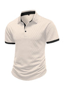 Camisa Polo Masculina Casual Esportiva em Jacquard com Bloco de Cores e Manga Curta com Botões