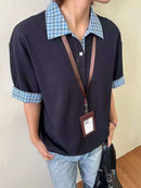 Camisa Polo Estilo Americano Retrô de Manga Curta para Homens, Camiseta de Verão com Gola Reversível e Estampa Xadrez, Efeito de Duas Peças
