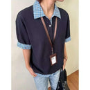 Camisa Polo Estilo Americano Retrô de Manga Curta para Homens, Camiseta de Verão com Gola Reversível e Estampa Xadrez, Efeito de Duas Peças