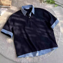 Camisa Polo Azul de Manga Curta com Design em Patchwork Estilo Casual para Homens e Mulheres em Tecido de Poliéster Respirável Moda de Verão