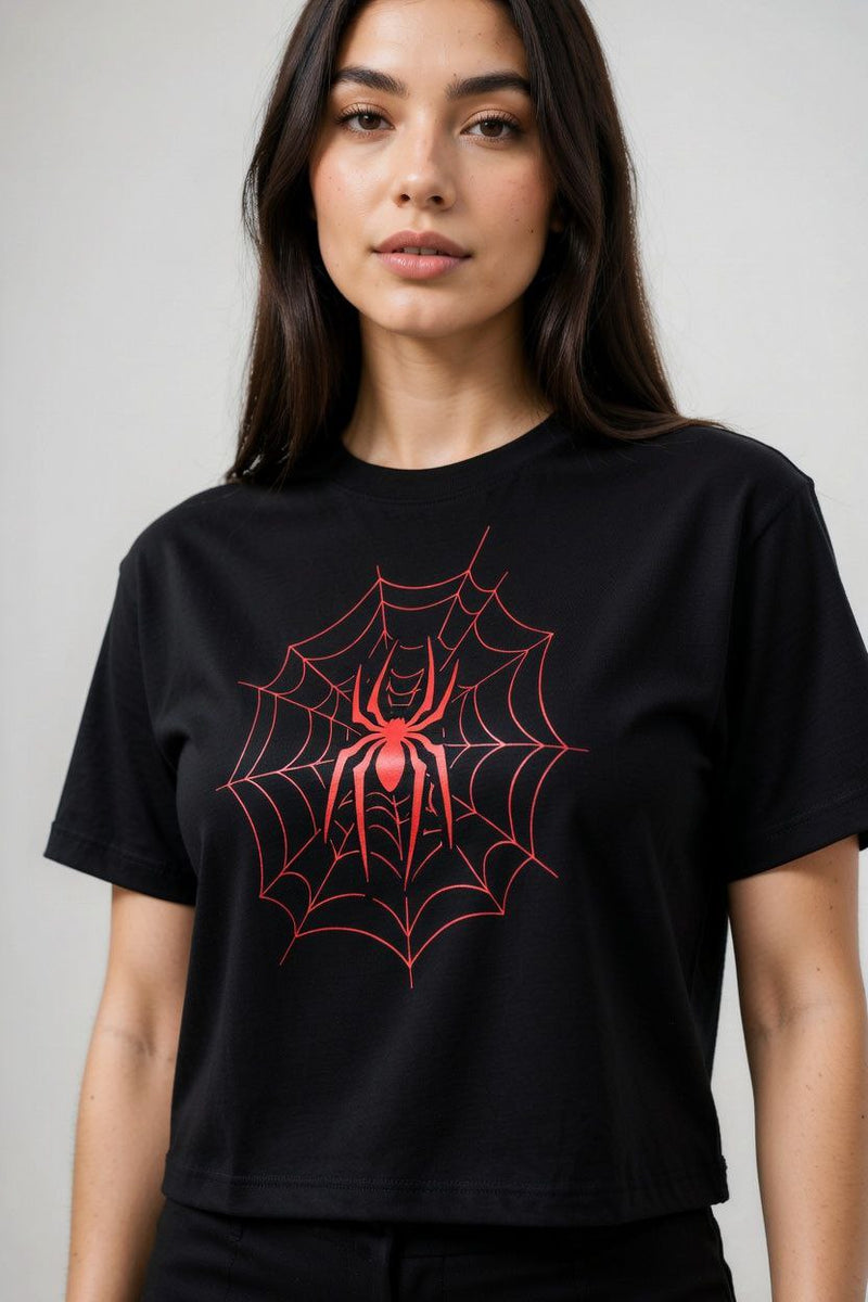 Camiseta feminina com estampa de aranha, gola redonda, manga curta, slim fit