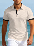 Camisa Polo Masculina Casual Esportiva em Jacquard com Bloco de Cores e Manga Curta com Botões