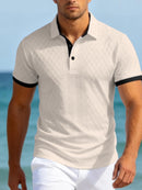 Camisa Polo Masculina Casual Esportiva em Jacquard com Bloco de Cores e Manga Curta com Botões