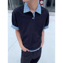 Camisa Polo Estilo Americano Retrô de Manga Curta para Homens, Camiseta de Verão com Gola Reversível e Estampa Xadrez, Efeito de Duas Peças