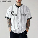 Incerun topos estilo americano moda masculina listrado impresso contraste emenda camisa casual personalidade venda quente blusa de manga curta