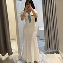 Elegante contraste feminino malha maxi vestido chique o pescoço manga curta bot