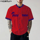 Incerun topos estilo americano moda masculina listrado impresso contraste emenda camisa casual personalidade venda quente blusa de manga curta
