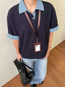 Camisa Polo Estilo Americano Retrô de Manga Curta para Homens, Camiseta de Verão com Gola Reversível e Estampa Xadrez, Efeito de Duas Peças