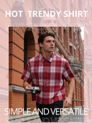 Camisa xadrez masculina casual estilo universitário de manga curta, adequada para uso no campus na primavera e no outono e para viagens diárias
