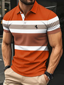 Camisa Polo Minimalista Masculina de Verão com Listras Horizontais, Gola Lapela, Estilo Empresarial, para Atividades ao Ar Livre, Solta e Confortável.