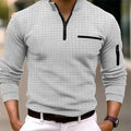 Nova camisa POLO listrada de manga comprida masculina com gola com zíper, estilo retrô, esportes, ao ar livre, lazer, confortável e leve