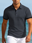 Camisa Polo Masculina Casual Esportiva em Jacquard com Bloco de Cores e Manga Curta com Botões