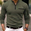 Nova camisa POLO listrada de manga comprida masculina com gola com zíper, estilo retrô, esportes, ao ar livre, lazer, confortável e leve