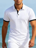 Camisa Polo Masculina Casual Esportiva em Jacquard com Bloco de Cores e Manga Curta com Botões