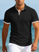 Camisa Polo Masculina Casual Esportiva em Jacquard com Bloco de Cores e Manga Curta com Botões