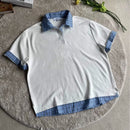 Camisa Polo Azul de Manga Curta com Design em Patchwork Estilo Casual para Homens e Mulheres em Tecido de Poliéster Respirável Moda de Verão