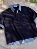 Camisa Polo Azul de Manga Curta com Design em Patchwork Estilo Casual para Homens e Mulheres em Tecido de Poliéster Respirável Moda de Verão
