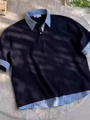 Camisa Polo Azul de Manga Curta com Design em Patchwork Estilo Casual para Homens e Mulheres em Tecido de Poliéster Respirável Moda de Verão