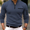 Nova camisa POLO listrada de manga comprida masculina com gola com zíper, estilo retrô, esportes, ao ar livre, lazer, confortável e leve