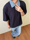Camisa Polo Estilo Americano Retrô de Manga Curta para Homens, Camiseta de Verão com Gola Reversível e Estampa Xadrez, Efeito de Duas Peças