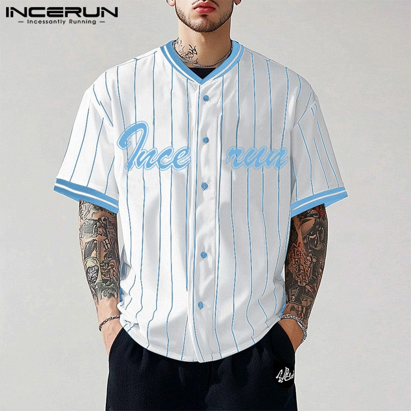 Incerun topos estilo americano moda masculina listrado impresso contraste emenda camisa casual personalidade venda quente blusa de manga curta