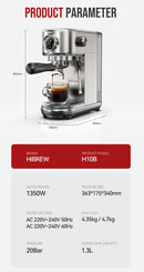 HiBREW 20Bar Máquina de café expresso semiautomática com temperatura ajustável fria/quente super fina cafeteira cappuccino H10B