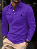 Camiseta masculina de manga comprida, cor sólida de negócios de meia-idade, roupas de primavera e outono do pai, camisa polo de gola confortável