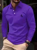 Camiseta masculina de manga comprida, cor sólida de negócios de meia-idade, roupas de primavera e outono do pai, camisa polo de gola confortável