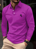 Camiseta masculina de manga comprida, cor sólida de negócios de meia-idade, roupas de primavera e outono do pai, camisa polo de gola confortável