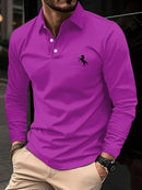 Camiseta masculina de manga comprida, cor sólida de negócios de meia-idade, roupas de primavera e outono do pai, camisa polo de gola confortável