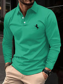 Camiseta masculina de manga comprida, cor sólida de negócios de meia-idade, roupas de primavera e outono do pai, camisa polo de gola confortável
