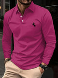 Camiseta masculina de manga comprida, cor sólida de negócios de meia-idade, roupas de primavera e outono do pai, camisa polo de gola confortável