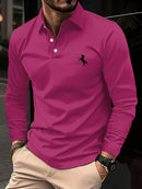 Camiseta masculina de manga comprida, cor sólida de negócios de meia-idade, roupas de primavera e outono do pai, camisa polo de gola confortável