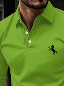 Camiseta masculina de manga comprida, cor sólida de negócios de meia-idade, roupas de primavera e outono do pai, camisa polo de gola confortável