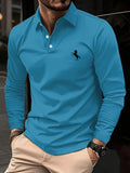Camiseta masculina de manga comprida, cor sólida de negócios de meia-idade, roupas de primavera e outono do pai, camisa polo de gola confortável