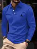 Camiseta masculina de manga comprida, cor sólida de negócios de meia-idade, roupas de primavera e outono do pai, camisa polo de gola confortável